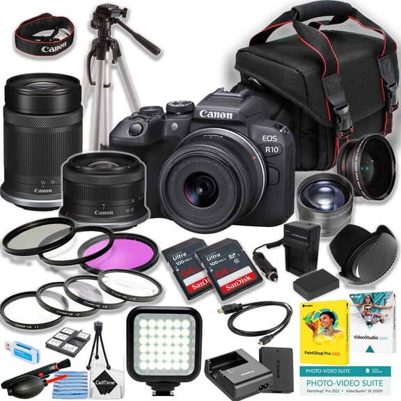 Canon EOS R10 Mirrorless Camera w/18-45mm and 55-210mm lens   2pc SanDisk 64GB Ultra Memory Card   LED Light   Camera Case   More (25pc Bundle) (International Version)