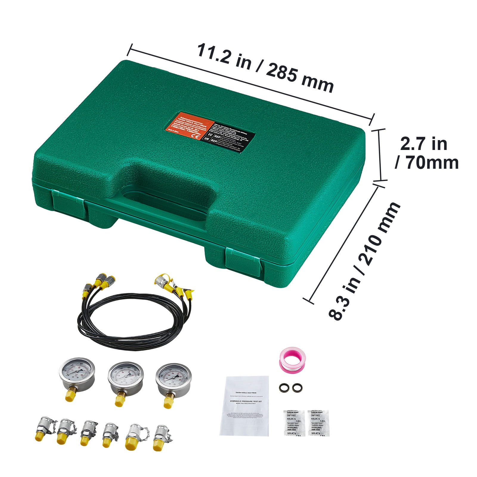 KFFKFF Hydraulic Gauge Test Kit, 250/400/600bar Range, Includes 3 Gauges, 6 Couplings, 3 Hoses, and Carrying Case for Testing Excavator, Tractor, and Construction Equipment Hydraulics