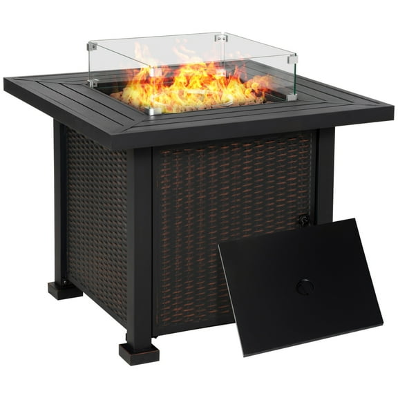 34 Inch Outdoor Propane Gas Fire Pit Table, 50,000 BTU Auto-Ignition Square Wicker-effect Gas Firepit with Glass Wind Guard, Lid, Lava Rocks, Steel Base, CSA Certification, Black 72277