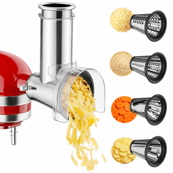 TOCOKEID Stainless Steel Slicer Shredder Attachment for KitchenAid Stand Mixers, 4 Blades with Large 3-Inch Feed Chute