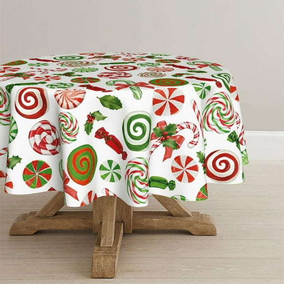 Christmas Tablecloth 60×60 Inch Round, Candy Cane Lollipop Washable Table Cover for Party Picnic Dinner Decor