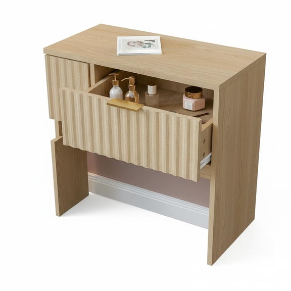Fluted Light Wood Vanity Desk with Large LED Mirror 3 Color Lighting Modes 2 Drawers Power Outlet USB Ports Hair Dryer Rack Modern Makeup Dressing Table for Bedroom Girls & Women Natural Oak