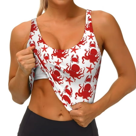 Qokaie Octopus Pattern Womens Scoop Neck Sports Bra Breathable Workout Vest Padded U Back Medium Impact Fitness Gym Yoga Bra Workout Crop Top
