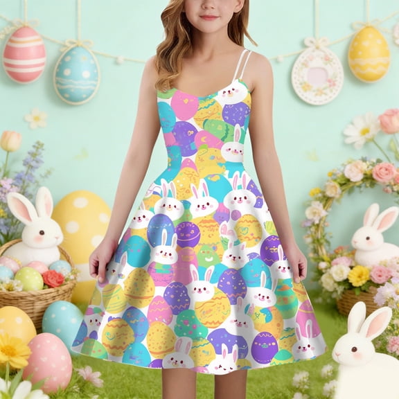 FAOWME Kids Girls Dress Sleeveless Suspenders Easter Cartoon Print Back Elastic Zipper A Line Comfortable Dresses For Casual Daily Wear,Light Purple,5-6 Years