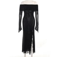 thumbnail image 3 of Gothic Off-Shoulder Pleated Mesh Midi Dress Women's Sexy High Slit Slim Casual Dress-Black-L, 3 of 7