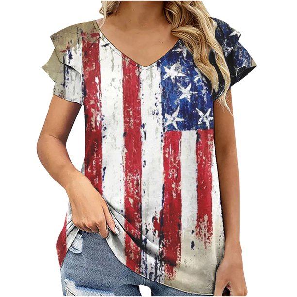 Moda Mujer Casual Día de la Independencia con cuello en V Hoja de doble capa Manga corta Camiseta impresa en 3D Top Fridja hjk6467