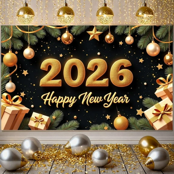 Gold Theme 2026 New Year Banner Shiny Design Happy New Year Banner Gift Box Decor Pine Branch Ornament New Year Party Banner for New Year Party 2026 Countdown Family Gathering