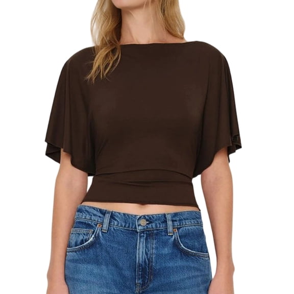 Women'S Wrap Tops Casual Short Sleeve Tie Back Cinched Waist T Shirts Trendy Boat Neck Blouse Brown L