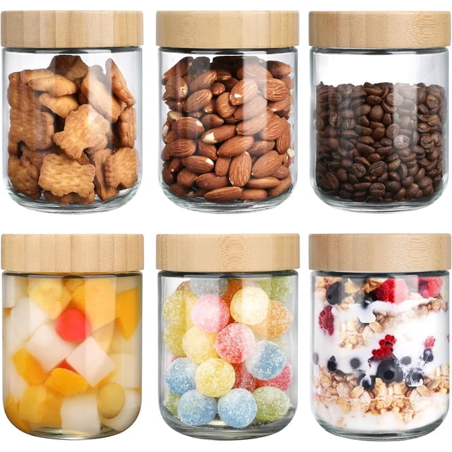 DIOZYRA Paquete de 6 de Recipientes de Avena con Tapas de Bambú Herméticas,Tarros de Avena de Vidrio,Overnight Oats Jar Reutilizables Tarros de Vidrio para Snacks Yogur Especias