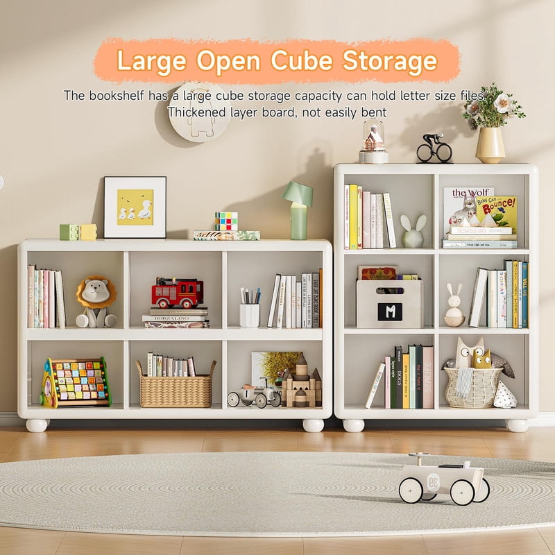 Tall Bookcase with 6 Cube Storage, Wooden Kids Bookshelf with Child Safe Paint, Girl Toy Storage Organizer Cabinet with Thick Board, Boy Large Book Shelves for Office Playroom Living Room