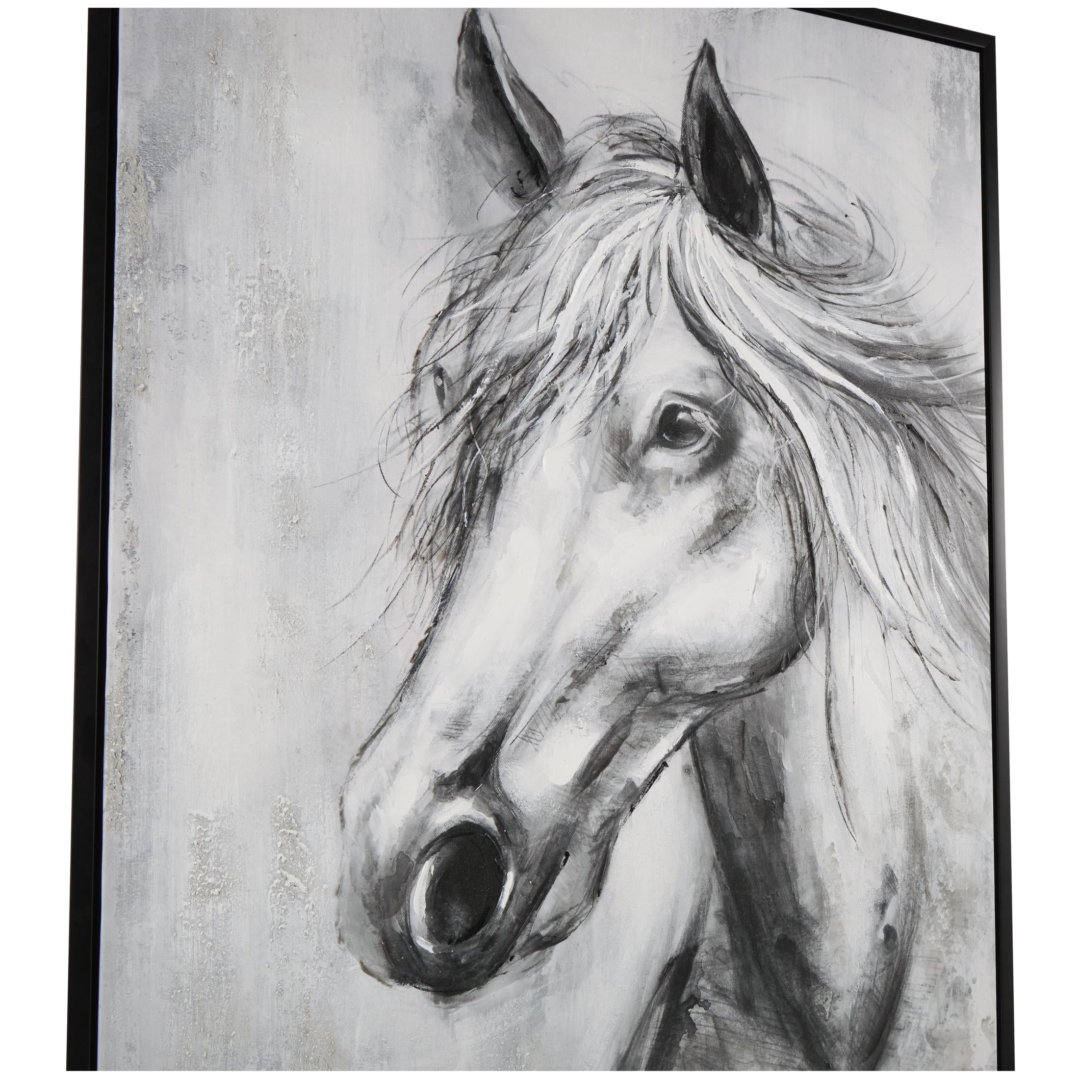 36" x 47" Hand Drawn Inspired Shaded Horse Framed Wall Art with White Background, by DecMode