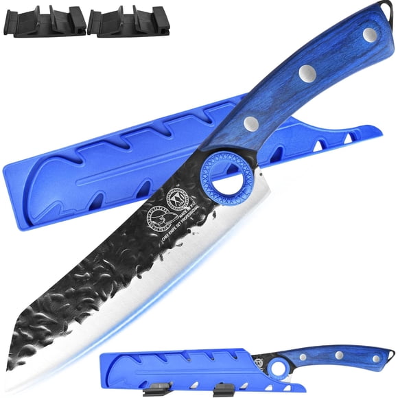 Couteau de Cuisine XYJ, Couperet pour Viande Forgée pour Couper les Légumes et la Viande, Acier à Haute Teneur en Carbone, Couteau de Chef Japonais Professionnel avec Trou pour le Doigt, Pleine Soie, Poignée Ergonomique (XYJ Blue, 7.5 Pouces)