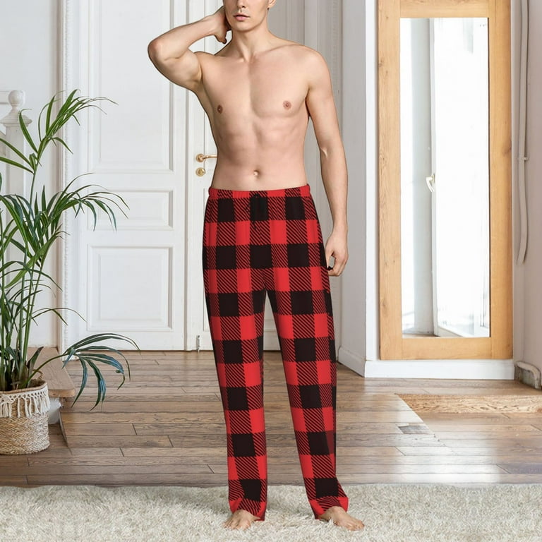 Mens Pajama Pants Bottoms with Pockets black red buffalo plaid Checkered Soft Mens Pj Pants Comfy Men Lounge Pants