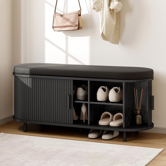 43 Inch Shoe Bench With Storage Fluted Shoe Storage Bench With Cushion Sliding Door Adjustable Shelf Entryway Bench For Hallway Living Room Black