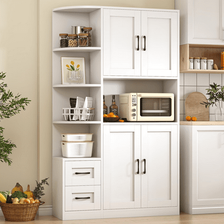 HAUXITIO 71"H Kitchen Pantry Cabinet with Microwave Shelf, 4 Doors & 2 Drawers, Freestanding Storage Hutch for Kitchen & Dining Room，White