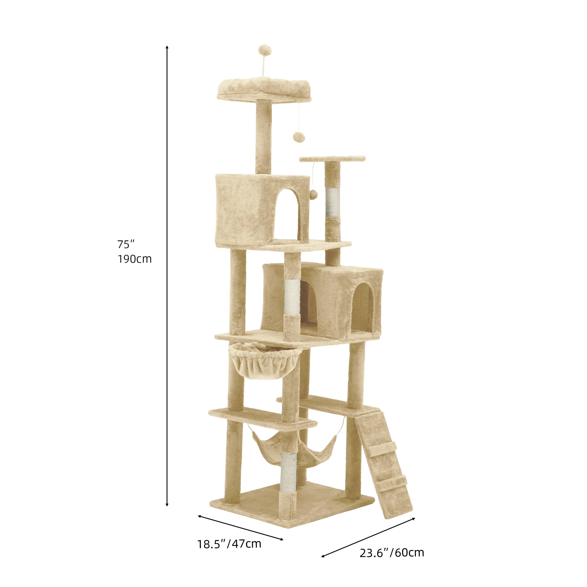 Uforic 75"Cat Tree for Large Cats ,Multi Level Play Tower Condo with Scratching Posts &Cat Caves & Comfortable Hammock, Pet Play Center, Beige