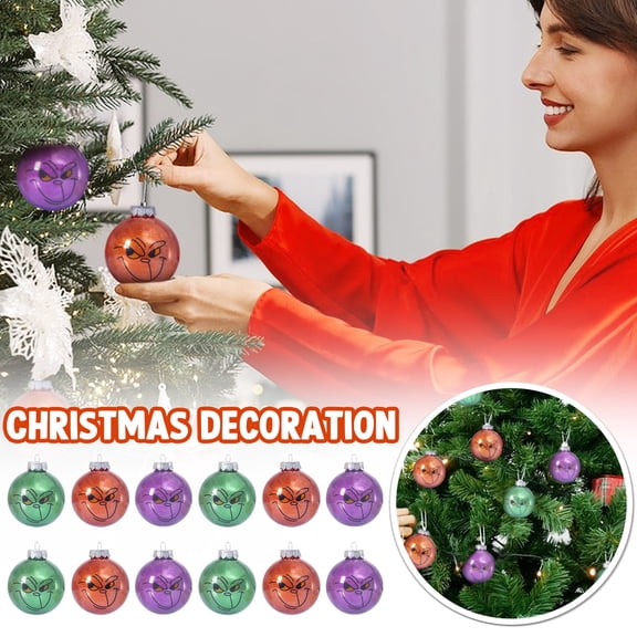 12 Pcs Christmas Smiling Face Printed Balls Hanging Ornaments, Festival Party Home Decorations For Christmas Tree Pendants