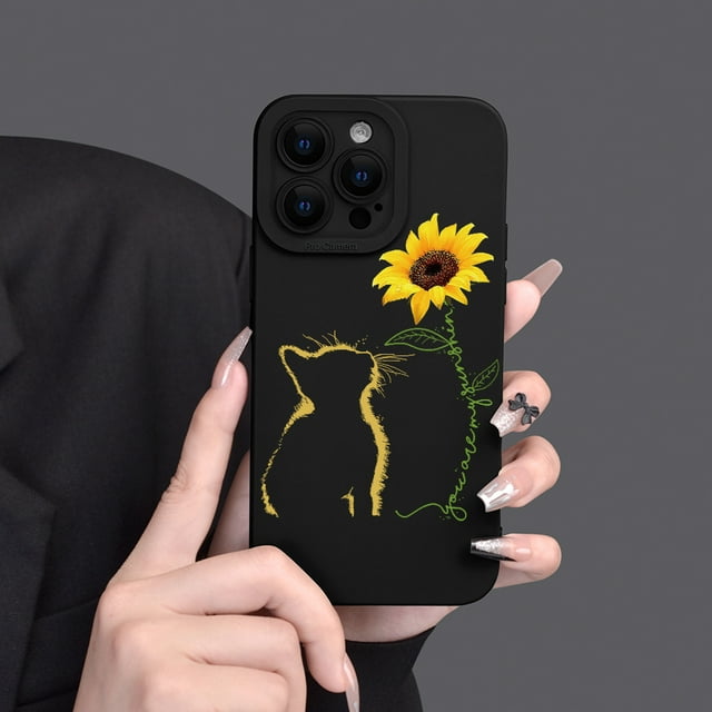 1pc Cat Sunflower Print Soft Protective Mobile Phone Case Full-Body Protection Shockproof Anti-Fall TPU Soft Rubber Case Compatible With Apple IPhone15 14 13 12 11 XS XR X