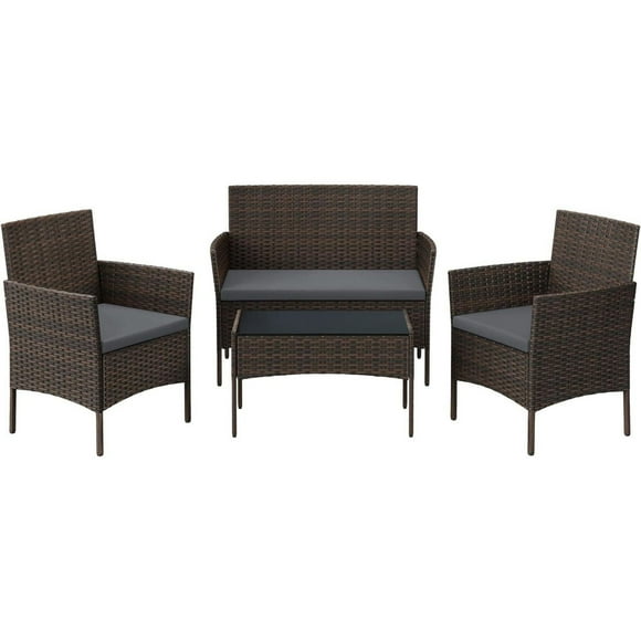 Boutique Home Outdoor Patio 4 Piece Furniture Conversation Set, PE Rattan - Grey Pillows