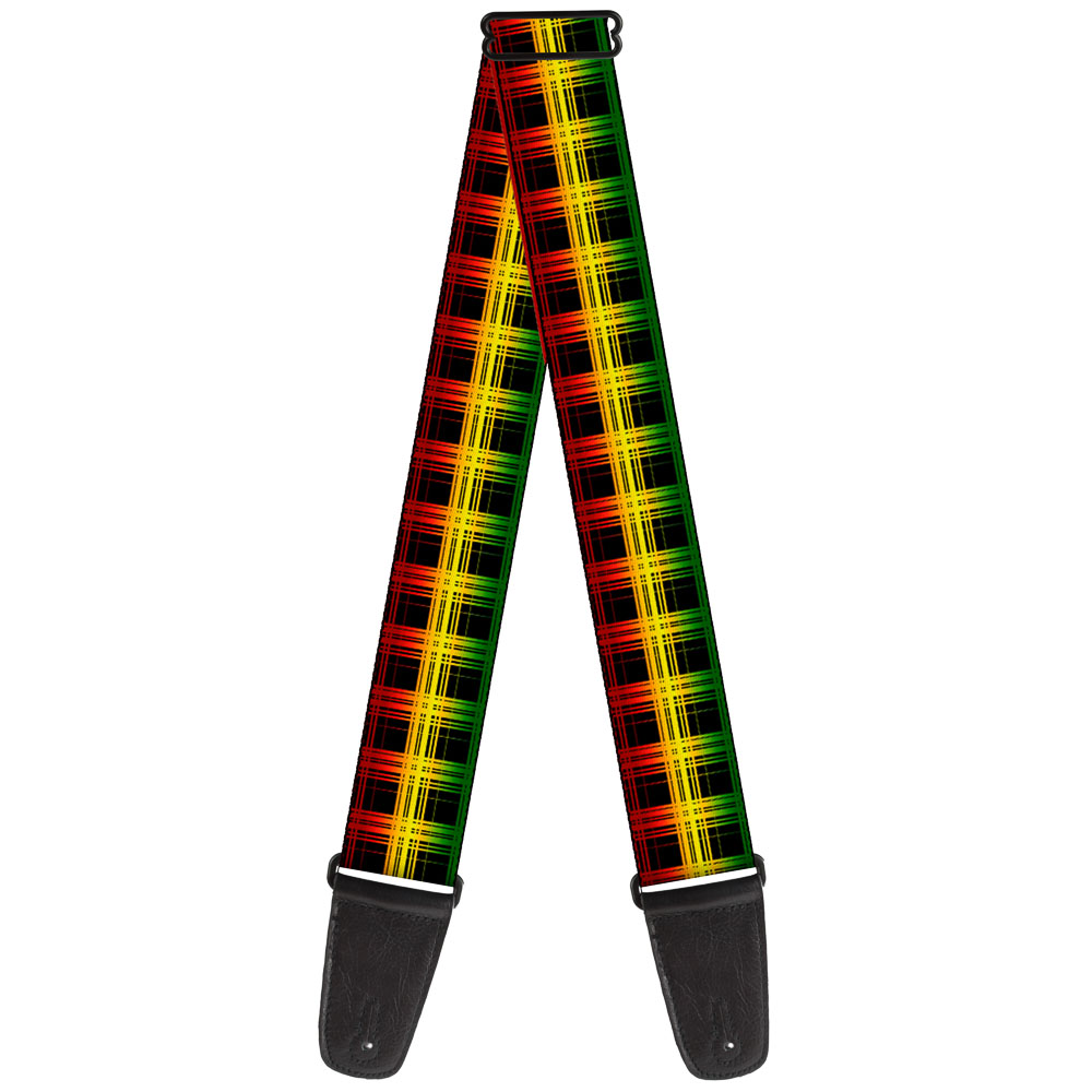 Buckle-Down Guitar Strap, Plaid Black Rasta, 2 Inches Wide