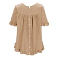 thumbnail image 5 of YDFCWXW Linen Tops for Women Short Ruffle Sleeve Shirts Crewneck Pleated Blouses Dressy Casual Fashion Button Down Tunic Top Beige, L, 5 of 5