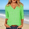 thumbnail image 2 of Edvintorg Womens Tops Plaid Printed V Neck 3/4 Sleeve Loose Casual Shirts Summer Clothes for Women Mint Green L, 2 of 7