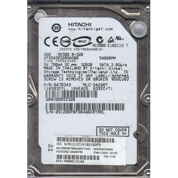 HTS545032B9A300, PN 0A70343, MLC DA2987, Hitachi 320GB SATA 2.5 Hard Drive