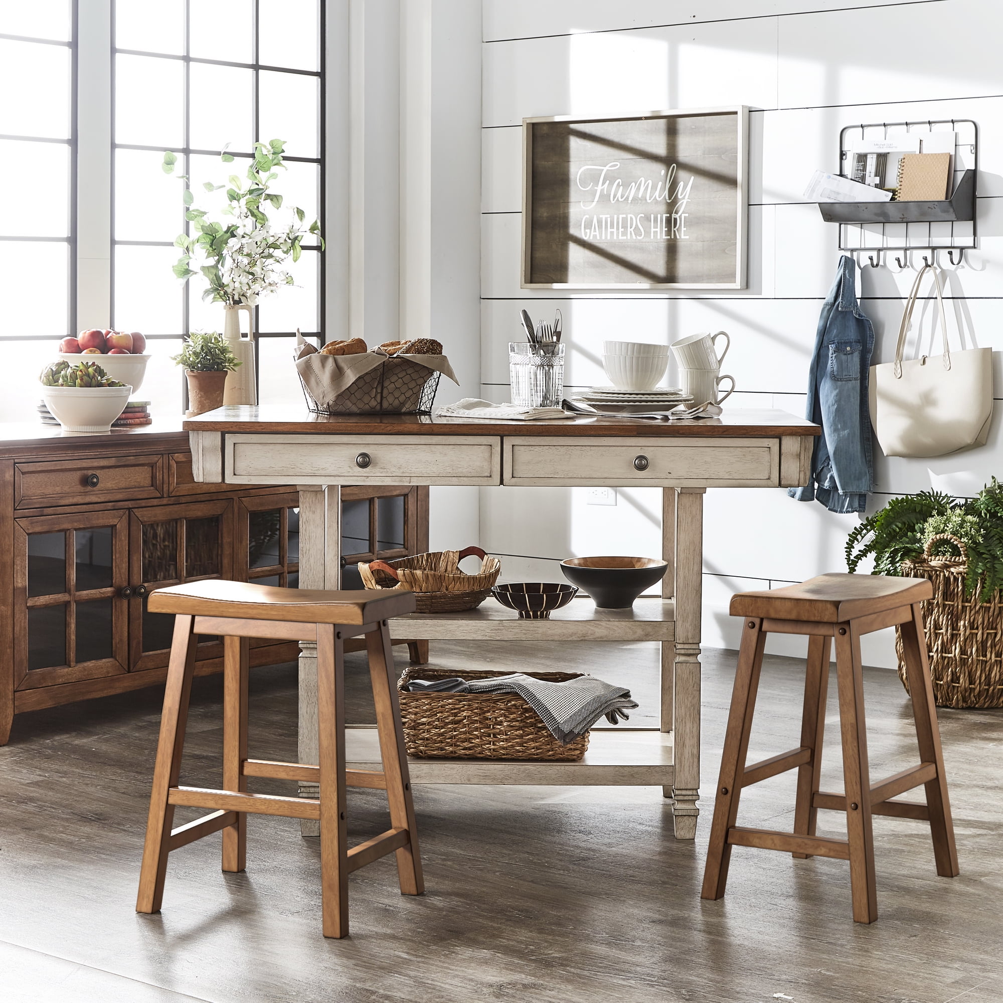 Weston Home Ashby Saddle Seat Backless Counter Stools, Set of 2, Oak Finish