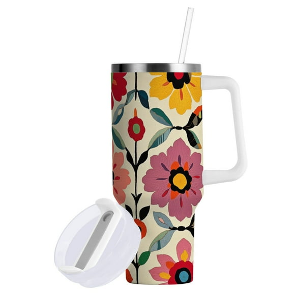 Yayeee 40oz Double-Wall Insulated Stainless Steel Tumbler with Handle Bottle, Colorful Flowers