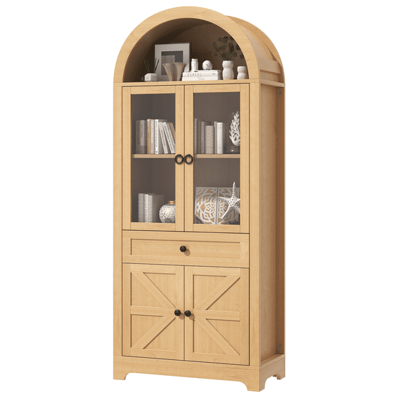70.9" Light Brown Farmhouse Arched Cabinet with Glass Doors & Open Storage