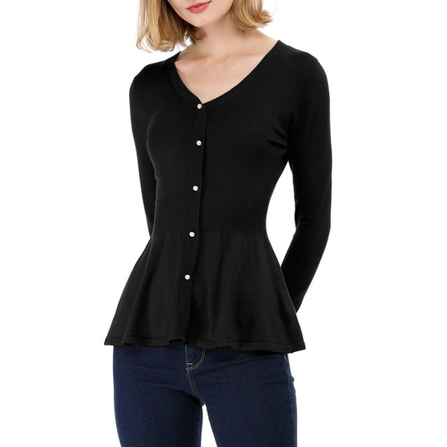 INSPIRE CHIC Women's V Neck Long Sleeve Ribbed Pullover Knitted Peplum Top
