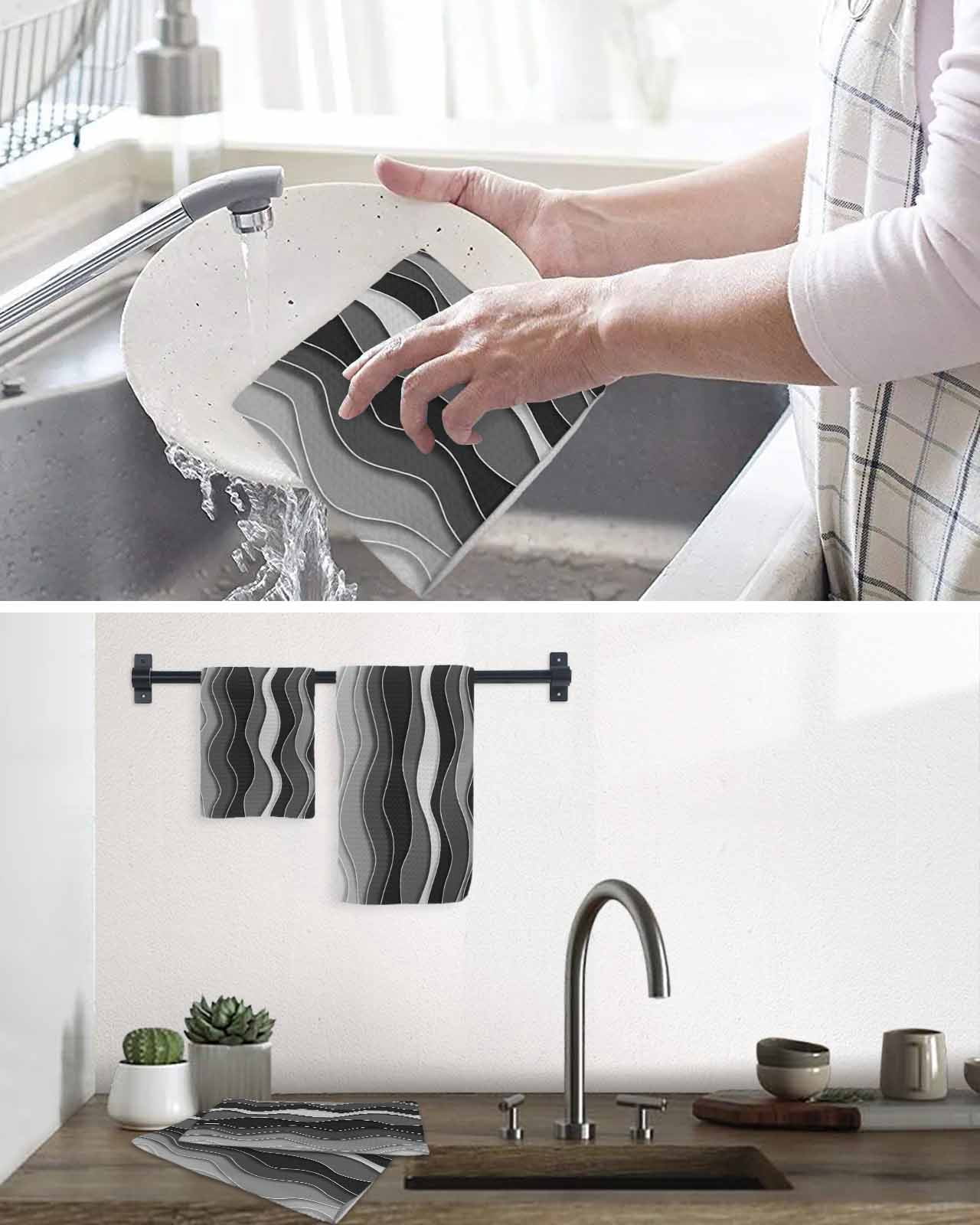 Black Stripes Kitchen Dish Towels for Drying Dishes Set of 4, Modern Simple Greyish Gradient Lines Waffle Weave Microfiber Terry Hand Tea Bathroom Towels Quick Dry & Absorbent Towel 12x12