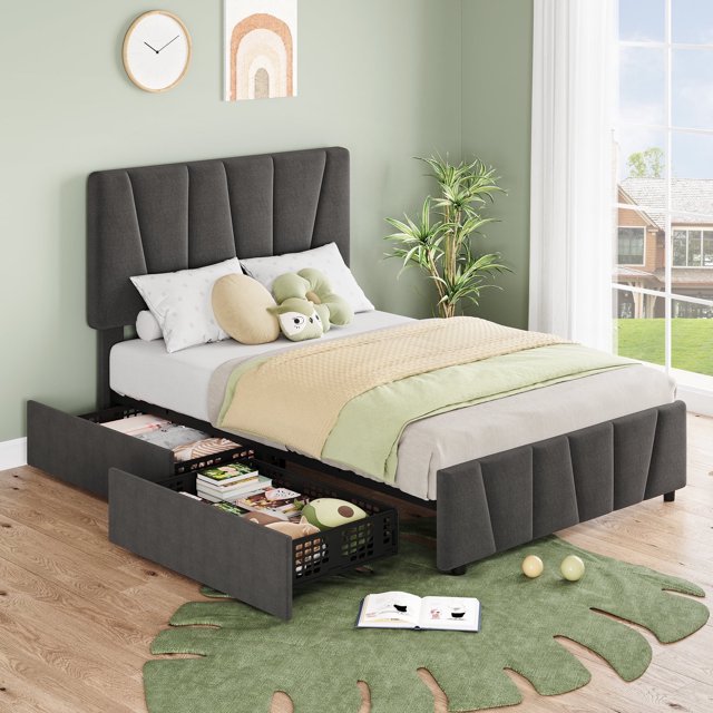 Twister.CK Cadre de Lit Simple avec Tête de Lit Réglable et 2 Tiroirs de Rangement, Cadre de Lit Plateforme Simple Rembourré avec Lattes en Bois, Aucun Sommier Requis, Gris