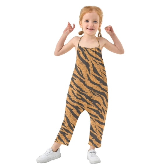 Girls' Jumpsuits Rompers Summer Casual Sleeveless Rompers With Pockets Spaghetti Strap Romper Tiger Stripes Pattern 1T