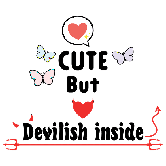 Cute But Devilish Inside - Removable Kids Bedroom Multicolored Funny But Naughty Quotes Vinyl Adhesive Wall Decal - 17" x 20" Home Living Room Devilish Themed Art Butterflies Design Wall Sticker