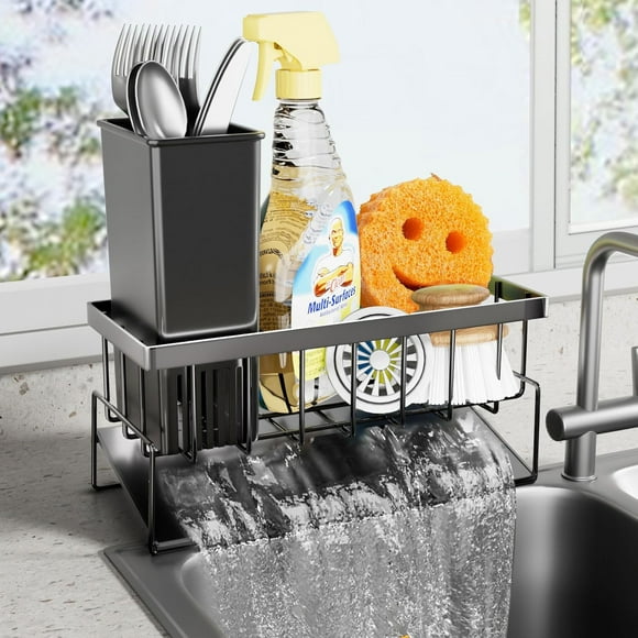 ZICANYCO Caddy d'Évier de Cuisine, Porte-Éponge pour Évier de Cuisine, Organisateur de Cuisine avec Porte-Brosse Surélevé, Auto-Drainant, Antirouille