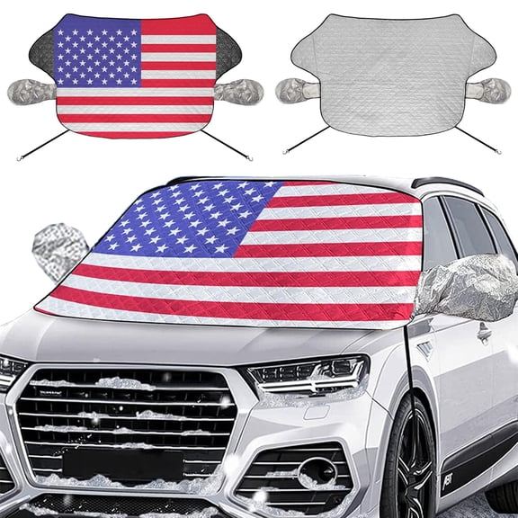 IC ICLOVER Windproof Car Snow Cover American Flag Design Car Windshield with Magnetic Edge Shade, Ice Frost Sun Rain Resistant Dustproof for Car, SUVS & Vans