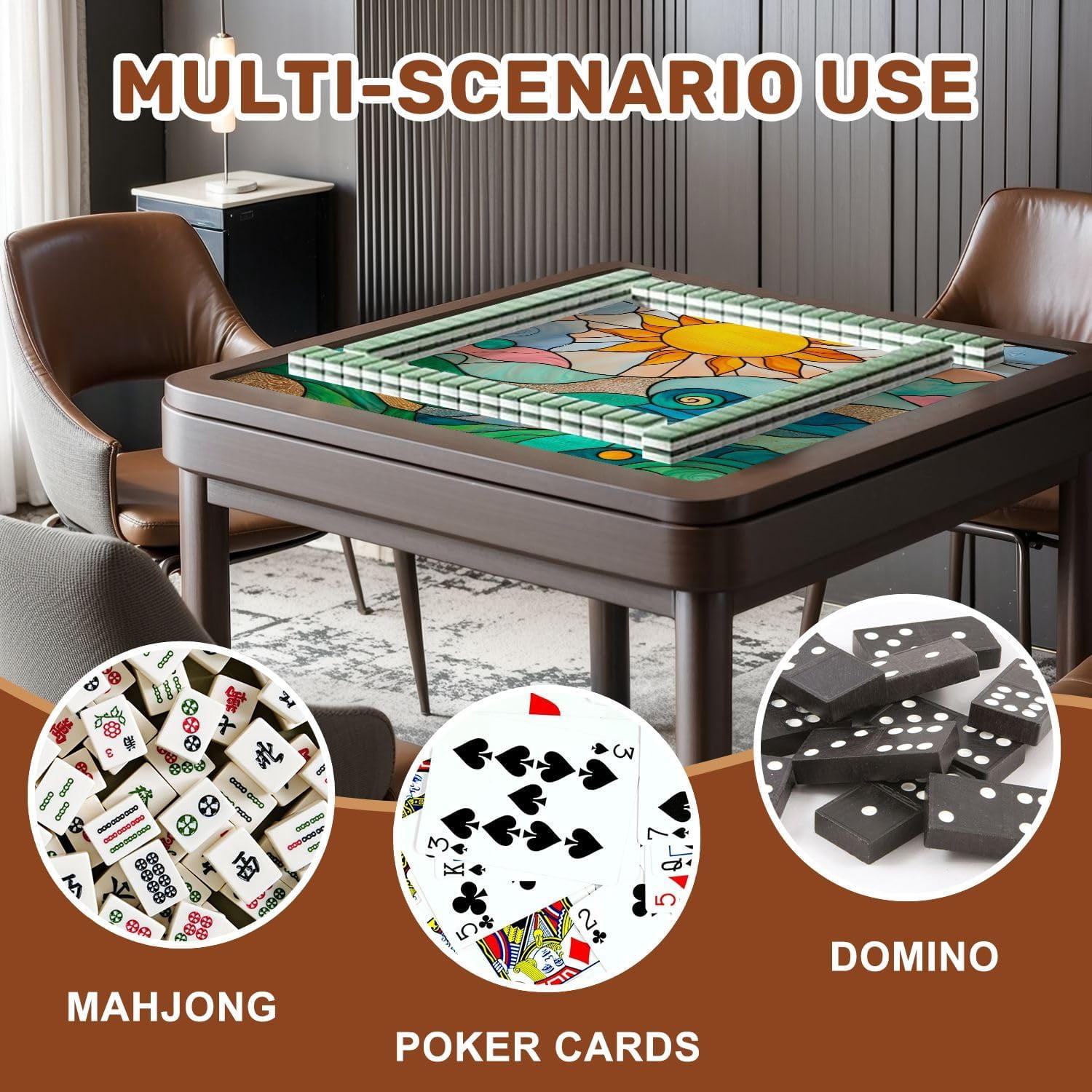 Mahjong Mat with Carrying Bag 31.5" x 31.5" Non-Slip Noise Reduction Vibrant Stained Glass Landscape Sun Hills Swirling Sky Table Mat for Mahjong Poker Dominoes Card Board Tile Games