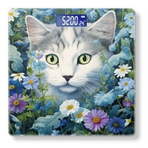 High Precision Body Weight Scale Smart Bathroom Scales with Large LCD Display(400lbs),Decorative for Bedroom-Gray And White Cat With Green Eyes Surrounded By Blue Daisies