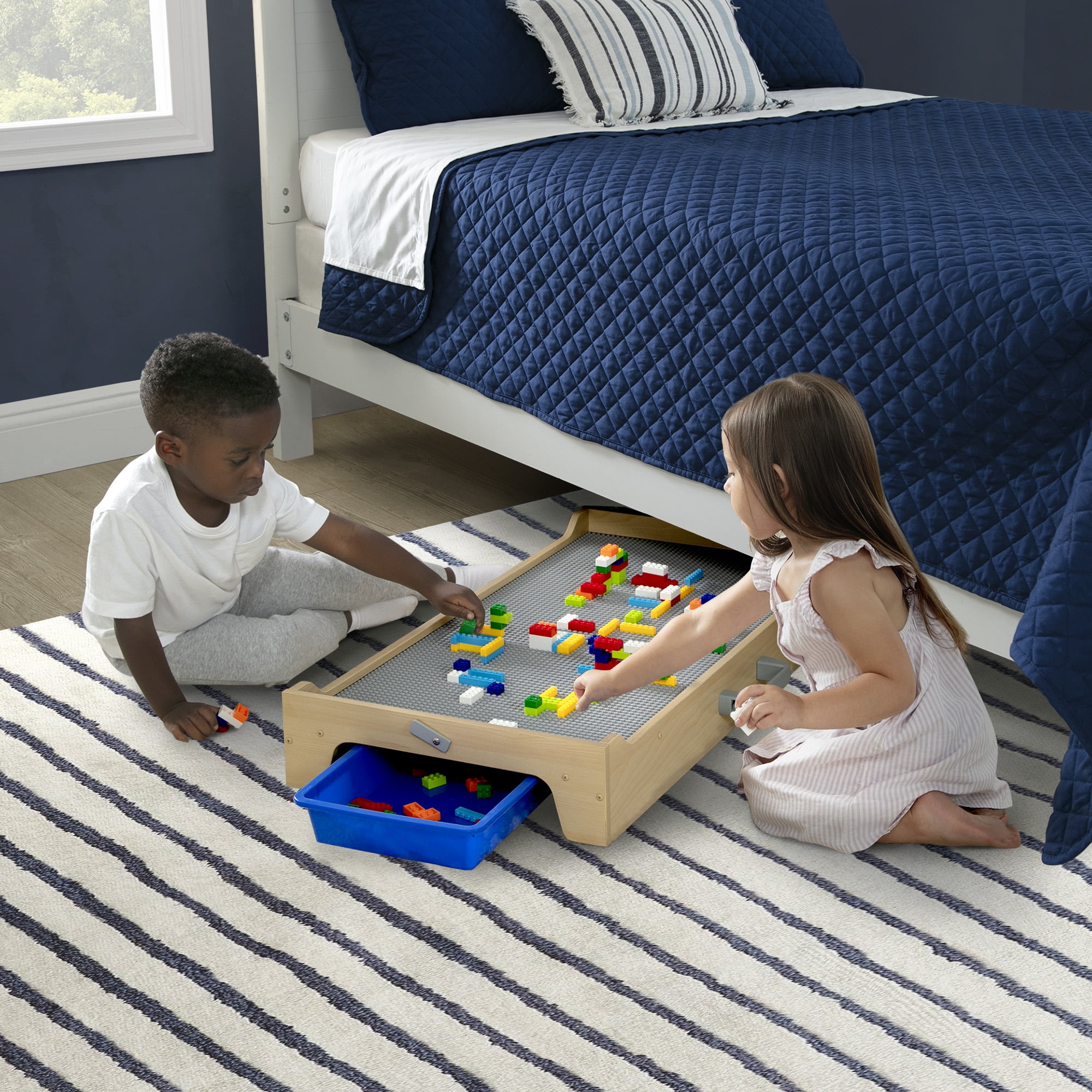 Delta Children Wooden Play N Store Building Bricks Play Table with 100+ Play Bricks Included - Large Brick Plate Compatible with LEGO, MegaBlocks & More - Legs Fold for Easy Under Bed Storage, Grey