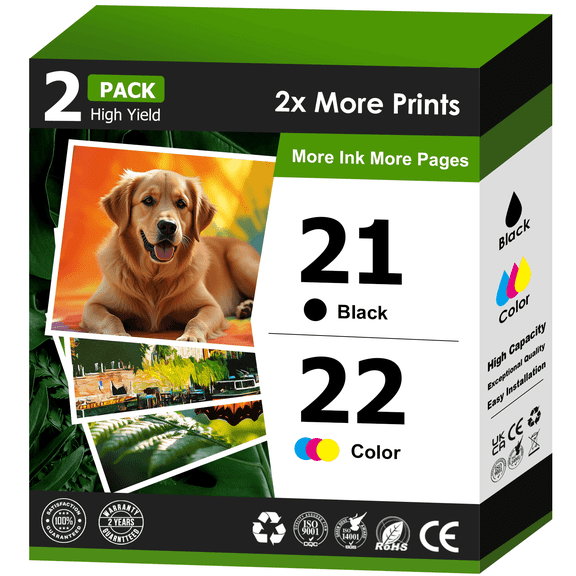 21 22 Ink Compatible for HP 21 and 22 21XL 22XL Combo Pack C9351AN C9352AN for Deskjet F4180 F2210 D1560 D1530 D1420 D1520 3915 3930 PSC 1410 Officejet 4315 J3680 Printer (Black, Tri-Color)