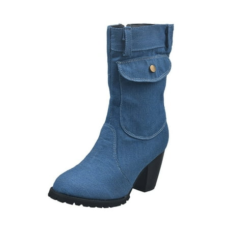

Dyfzdhu European And American Style Large Size High Heel Denim Mid- Women s Boots