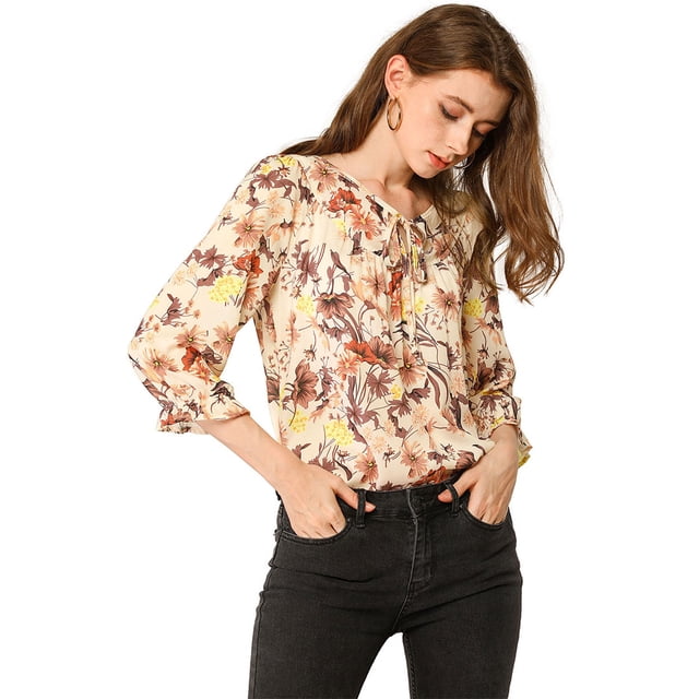 Allegra K Blusa floral de manga 3/4 con volantes y cuello en V informal para mujer Beige S