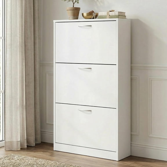 Thin Shoe Storage Cabinet with 3 Flip Drawers, White
