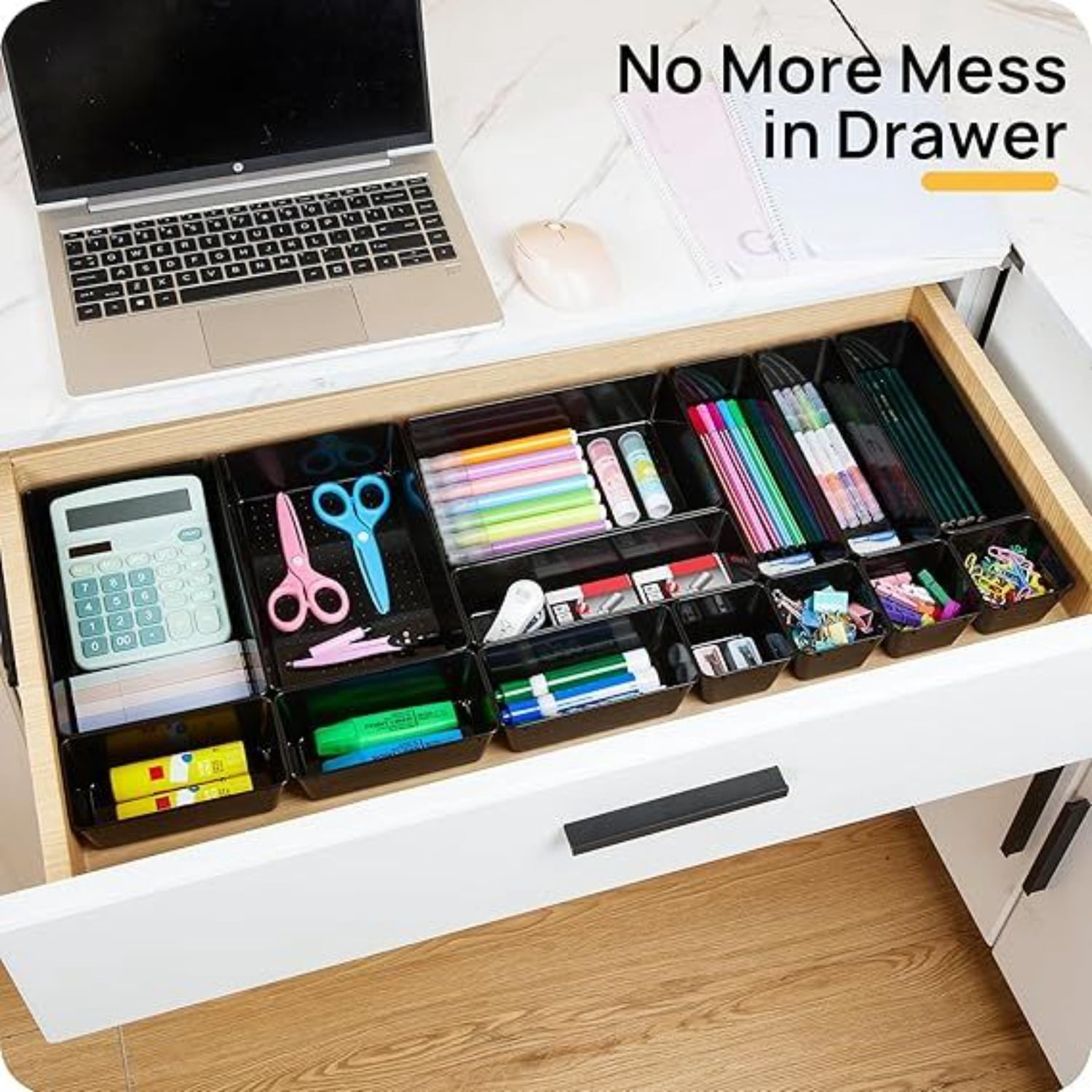 25 PCS Office Desk Drawer Organizers Set 4-Size Versatile Plastic Drawer Organizer Trays Storage Bins for Desk Accessories Office Organizers and Storage Bathroom Makeup Vanity Black