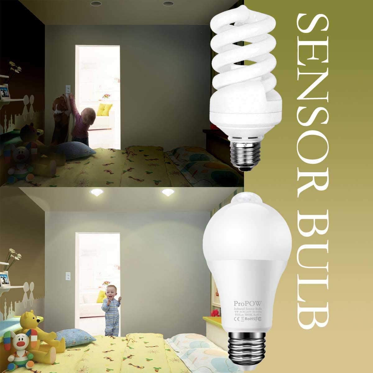 Motion Sensor Light Bulb,ProPOW A19 Smart Daylight White Motion Sensor Bulbs 9W Auto on/Off PIR