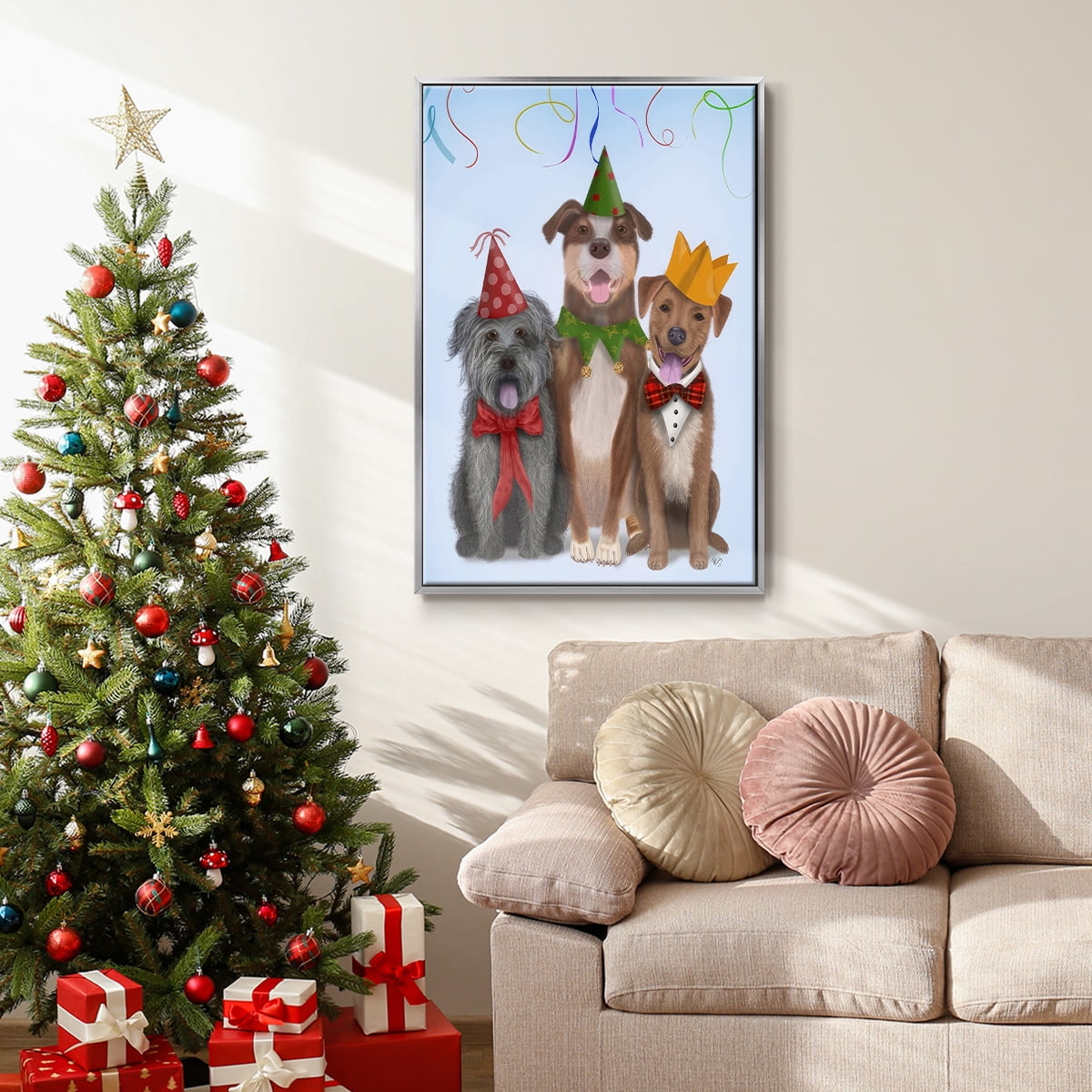 Christmas Party Mutts - Framed Gallery Wrapped Holiday Canvas - 27 x 41 - Silver Frame