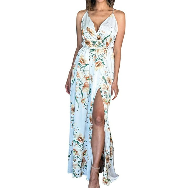 Womens Prom Backless Dresses Floral V-Neck Slim Fit Split White Maxi Dress Homecoming Dresses