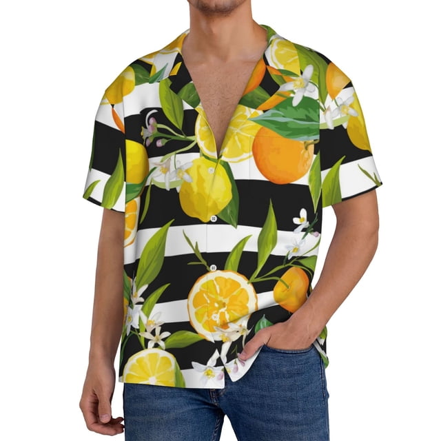 Fotbe Orange and Lemon Camisa Estampada de Manga Corta para Hombre, Casual de Verano, Estilo Playero, Sin Arrugas-Medium