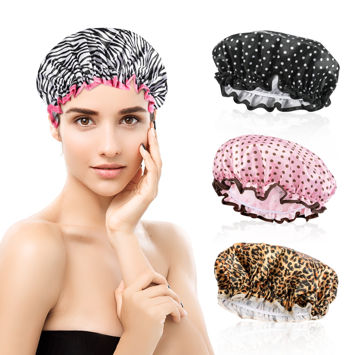 4 Pcs Shower Caps, Saiveina Reusable Waterproof Bathing Hair Cap for